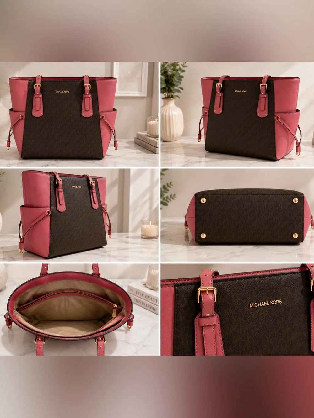 Michael Kors Brown Monogram Tote with Pink Trim